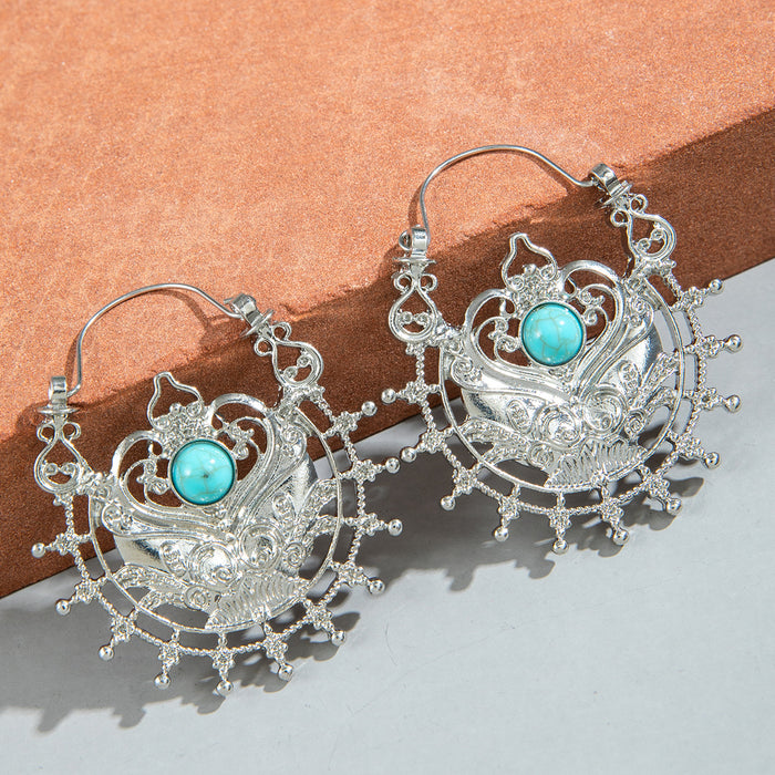 Retro exaggerated totem earrings inlaid turquoise metal earrings