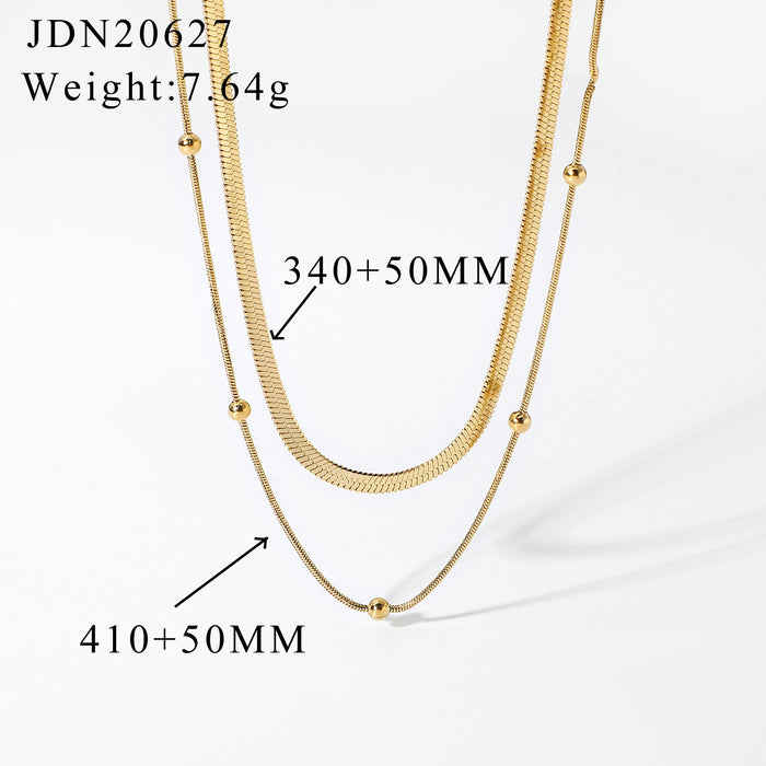 14K Gold-Plated Stainless Steel Layered Necklace with Round Beads and Snake Chain - Women's Fashion Jewelry