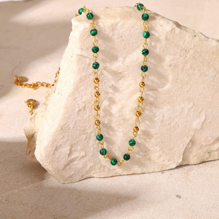 18K Gold-Plated Small Round Bead Necklace with Green Malachite - Women's Vintage Jewelry