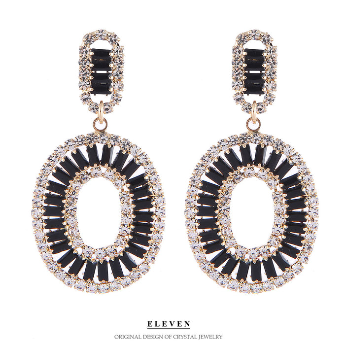 Silver Zircon Oval Earrings - Vintage Exaggerated Studs for a Luxurious Look