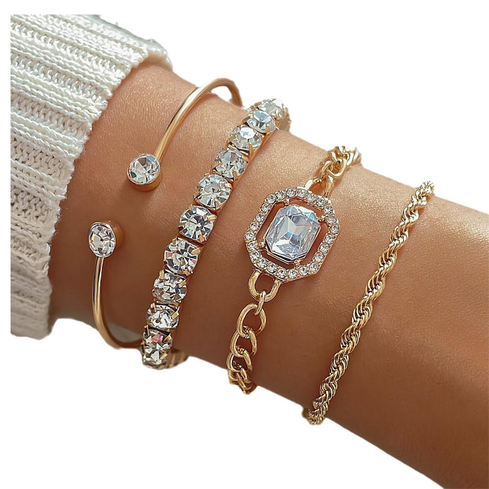 Punk-Style Diamond-Studded Bracelet Set - Luxury Metal Geometric Jewelry