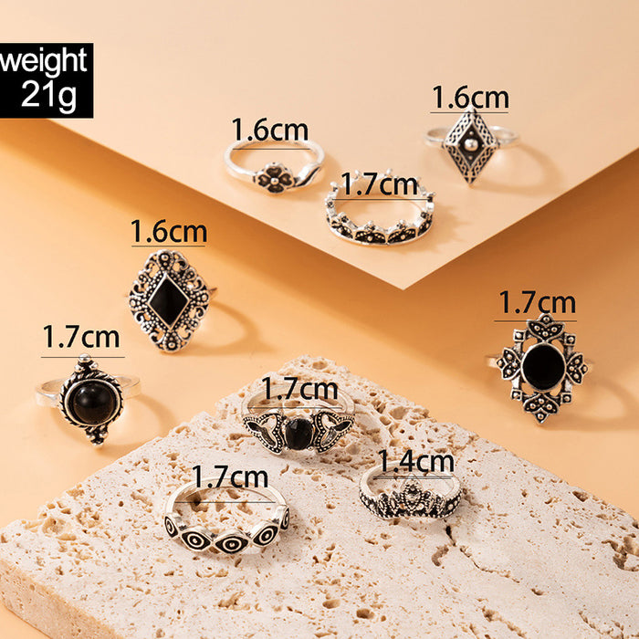 Black oil drip vintage geometric ring 9-piece set