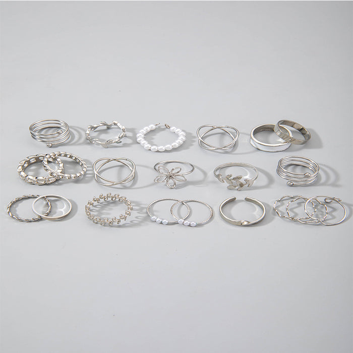 Flower Leaf Pearl Knuckle Ring Set - 5pcs Stylish Simple Rings