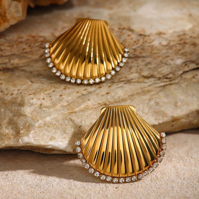 18K Gold Stainless Steel Waterdrop Fan Stud Earrings - Titanium Steel Shell Inlaid Design