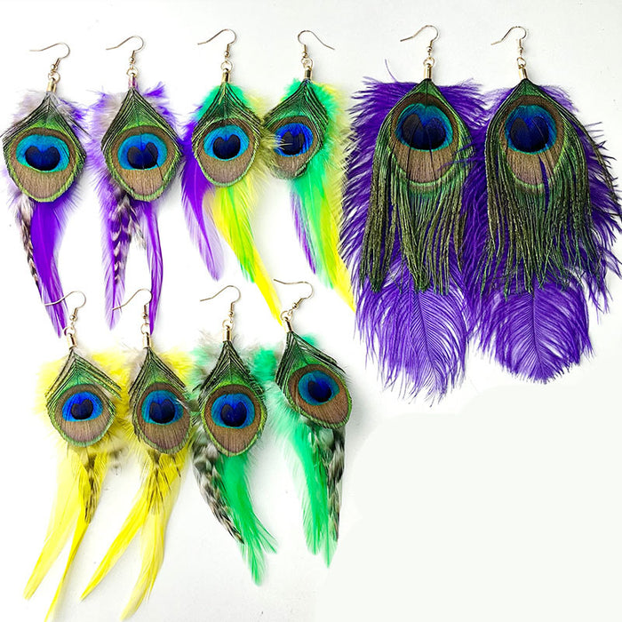 Festival Feather Earrings with Purple, Yellow, and Green Peacock Feathers