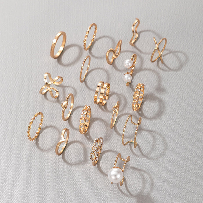 Simple Pearl Heart Open Ring Set - Nineteen-Piece Knuckle Set