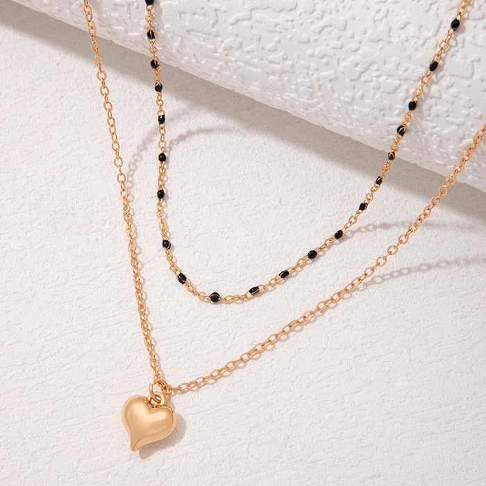 Double-Layer Heart Pendant Necklace - Black Bead Fashion Chain for Women