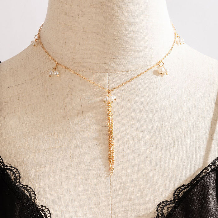 Simple Fashion OL Pearl Tassel Necklace with Beaded Irregular Clavicle Chain