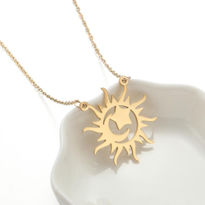 Collar con colgante de cara sonriente de sol, cadena de clavícula geométrica de sol, luna y estrella, venta al por mayor de lujo