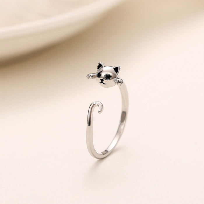 Lindo anillo abierto con forma de gato, estilo animal juguetón para estudiantes y mujeres