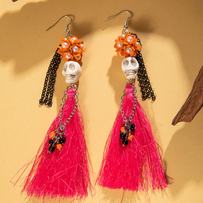 Halloween funny skull tassel rice bead earrings personality creative flower earrings for women