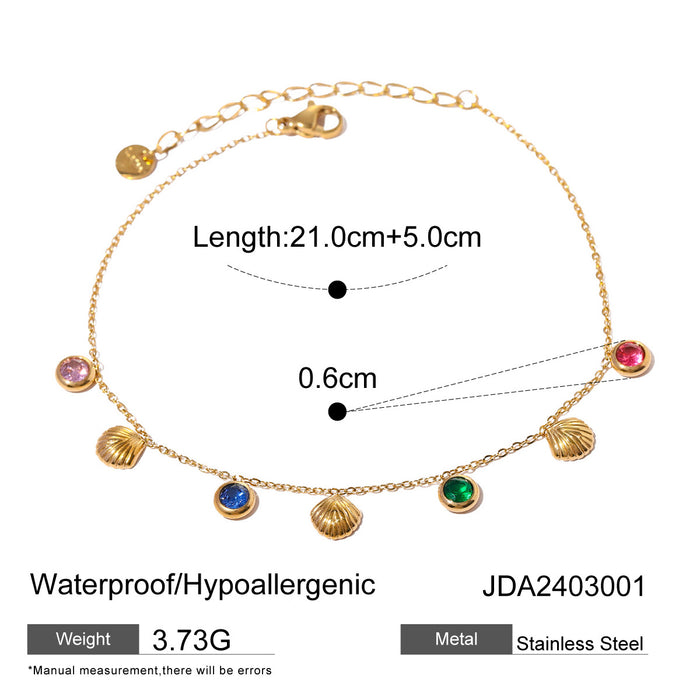 16K Gold Plated Stainless Steel Anklet - Fine Gold Chain with Colorful Zircon for Summer Fashion