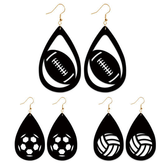 Pendientes deportivos de terciopelo negro con diseños de fútbol, ​​voleibol y tenis