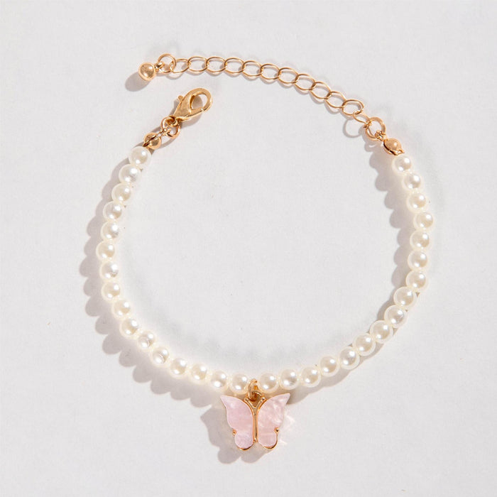 European Korean Fresh Pink Butterfly Pendant Bracelet - Luxury Faux Pearl Beaded Jewelry