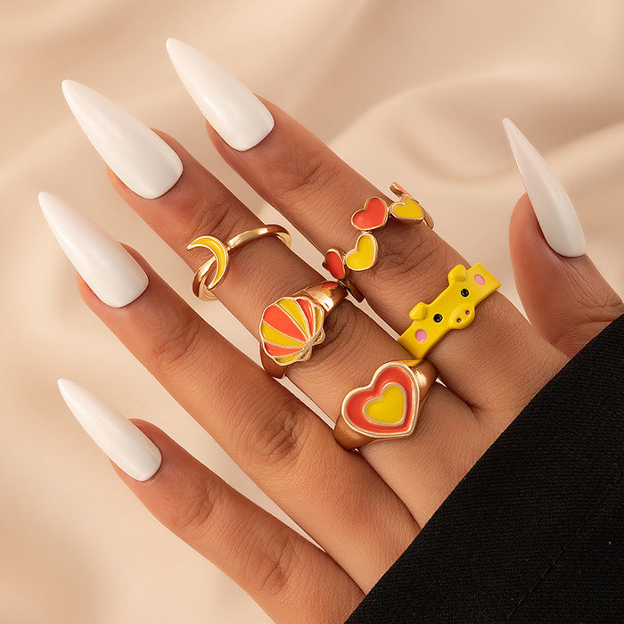 Scallop double-layer love moon pig oil drop 5-piece ring