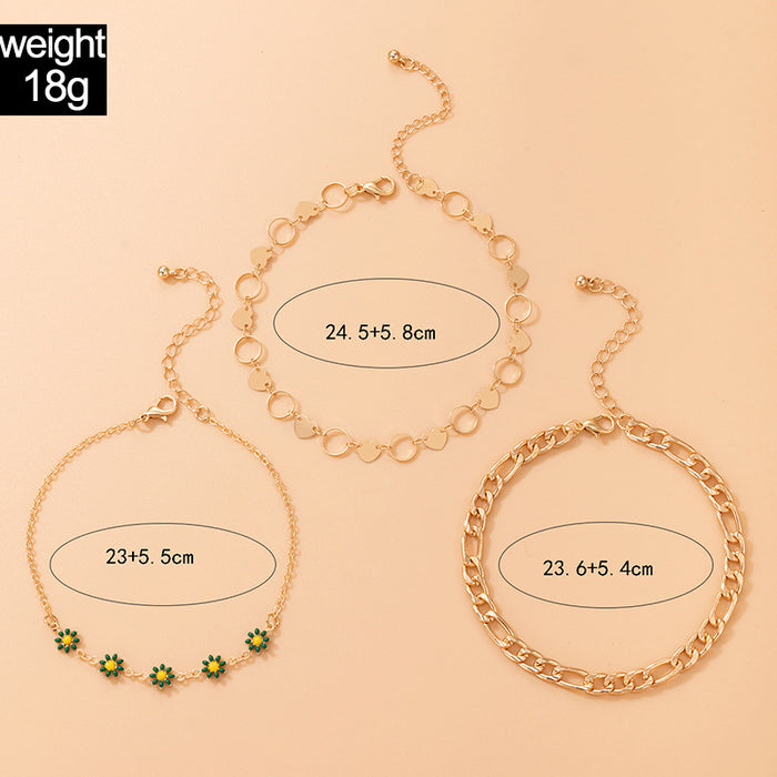 Minimalist Floral Heart Gold Anklet Three-Piece Set with Metal Round Pendant Chain