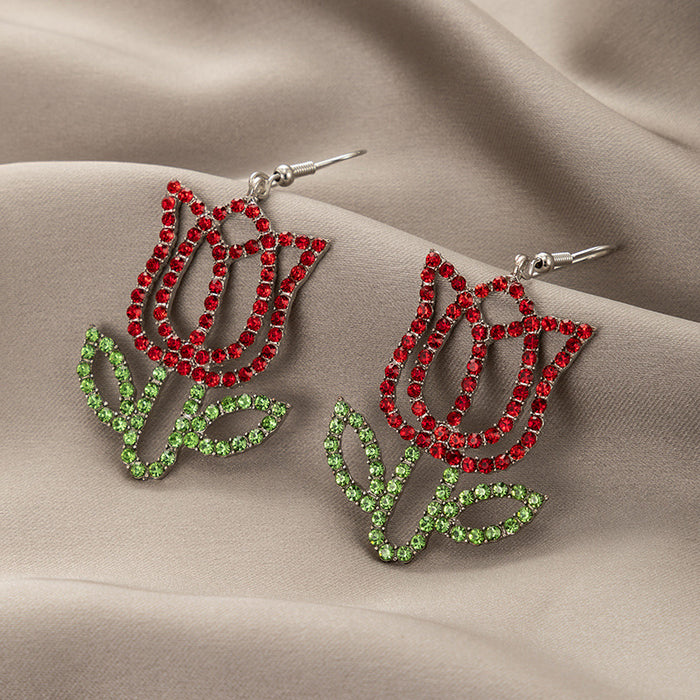 Red diamond big rose earrings