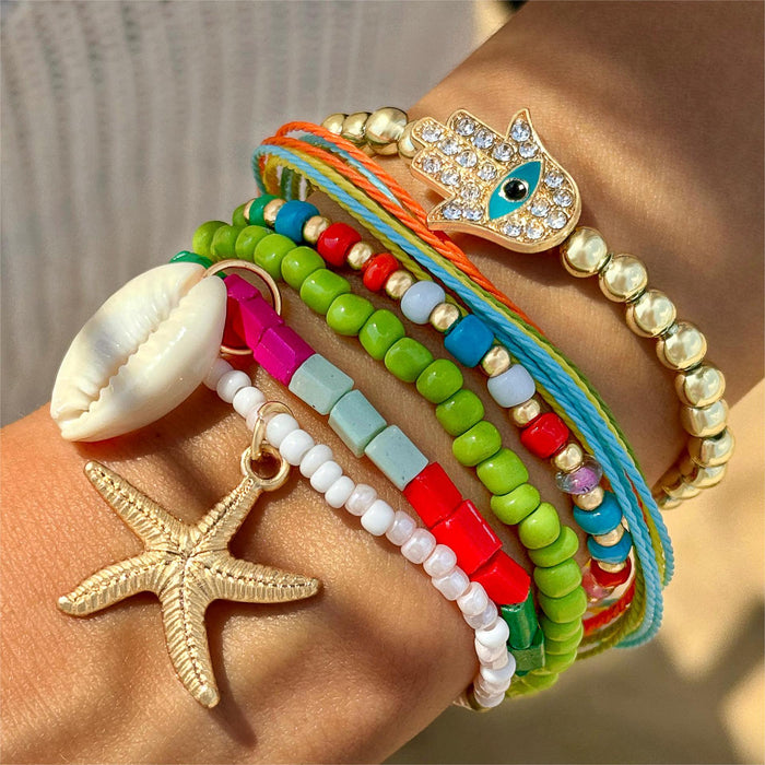 Bohemian Shell and Starfish Bracelet Set – Beach-Inspired Seven-Piece Jewelry