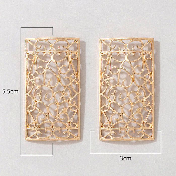 Rectangular hollow carved earrings gold temperament earrings