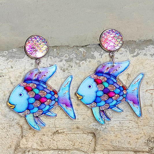 School season blue marine life acrylic earrings - wallojewerly 