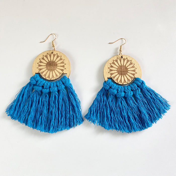 Wooden Sunflower Tassel Earrings with Ethnic Style