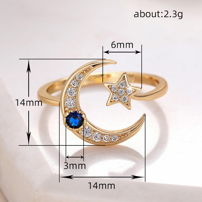 Anillo abierto de estilo frío con diseño de nicho de estrella y luna de moda