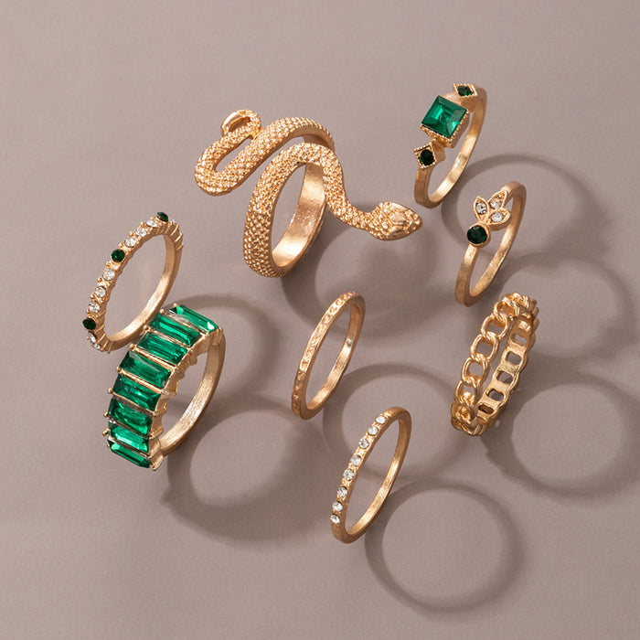 Snake-shaped green diamond ring eight-piece set geometric animal light luxury combination