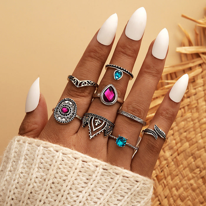 Silver flower geometric cold style ring multi-piece set