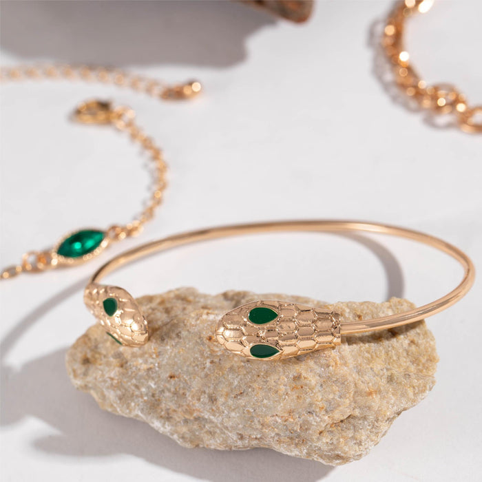 Juego de pulseras de diamantes de imitación de esmeralda de lujo europeo: brazalete creativo con forma de mariposa y serpiente