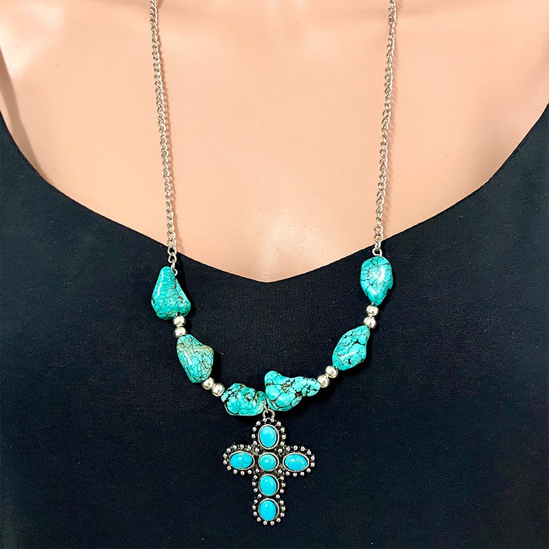 Pumpkin Flower Western Necklace with Indian Tribal Elements, Turquoise Bull Head, and Cross Pendant