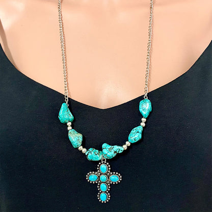 Pumpkin Flower Western Necklace with Indian Tribal Elements, Turquoise Bull Head, and Cross Pendant