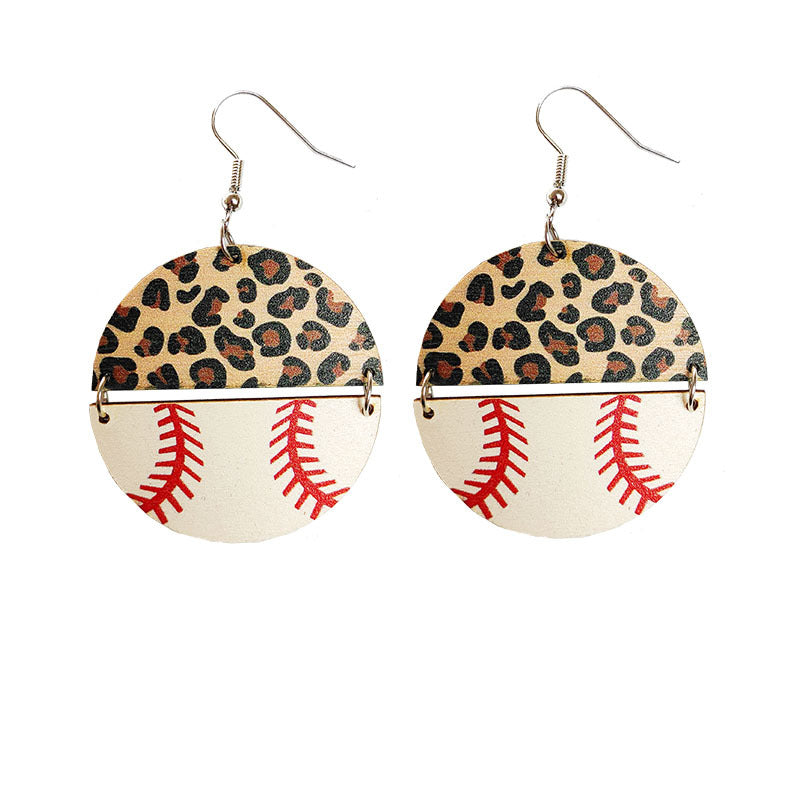 Sports Leopard Earrings with Half Circle Patchwork Baseball, Football, and Basketball Designs