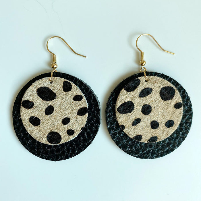 Leopard Print Cowhide Earrings with Round Geometric Wood and Leather