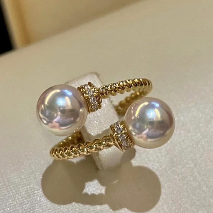 Anillo abierto ajustable con cuentas dobles retorcidas, estilo japonés, estilo femenino exquisito