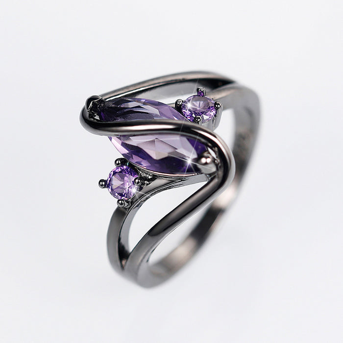 Horse eye ring electroplated gun black purple zircon ring