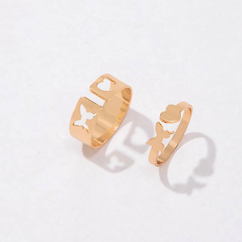 Gold Hollow Butterfly Heart Open Couple Ring Two-piece Set