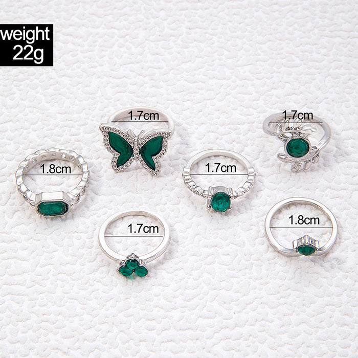 Butterfly Gemstone Ring Set - 6pcs Versatile Leaf Teardrop Rings