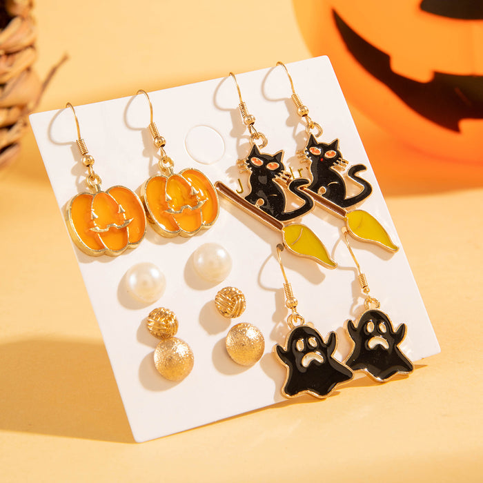 Juego de pendientes con forma de gato y calabaza divertidos de Halloween con gotas de aceite oscuro y cara de fantasma para mujer