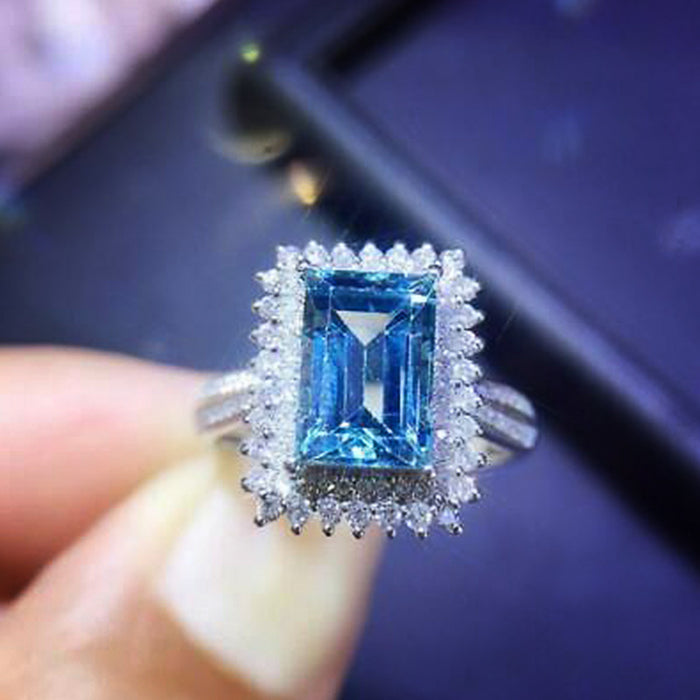 Anillo de novia de lujo con diamantes y circonitas cuadradas de color azul marino