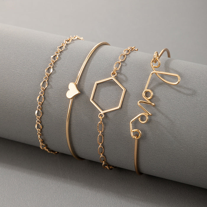 Love Heart Geometric Bracelet Set - Ins-Style Minimalist Four-Piece Collection