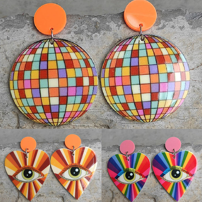 Retro Disco Ball Heart and Eye Earrings with Rainbow Design