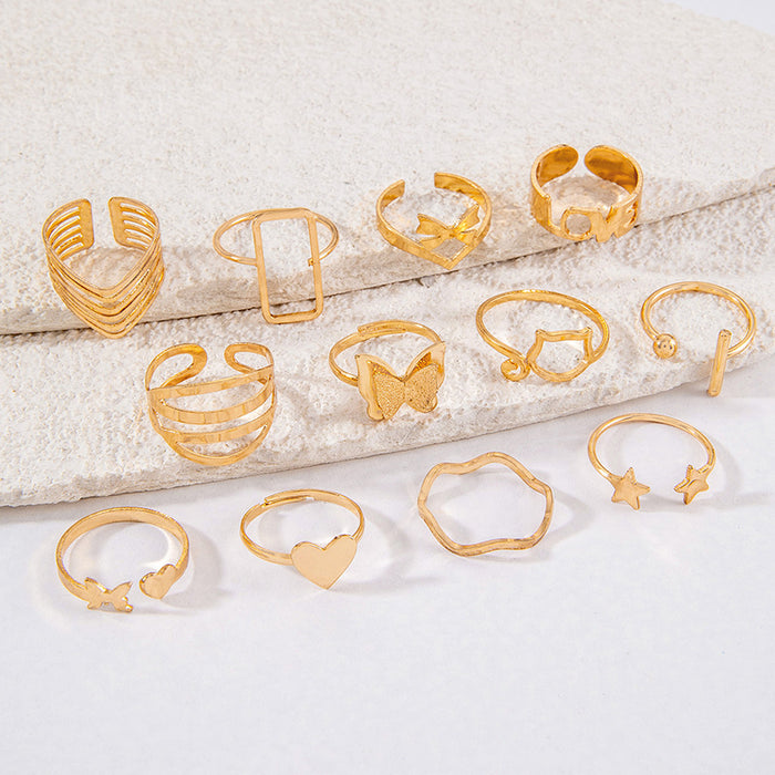 Butterfly Open Multi-Finger Ring Set - 12pcs Heart Letter Rings