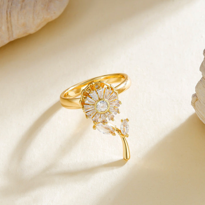 Wholesale diamond-encrusted sunflower and lucky clover rotating open rings