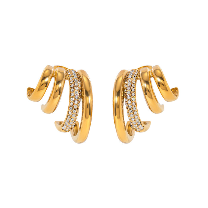 Summer New 18K Gold Stainless Steel White Diamond Earrings - Four-Layer C-Shaped Titanium Steel Jewelry