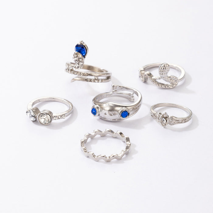 Blue diamond snake ring six-piece set irregular frog animal combination