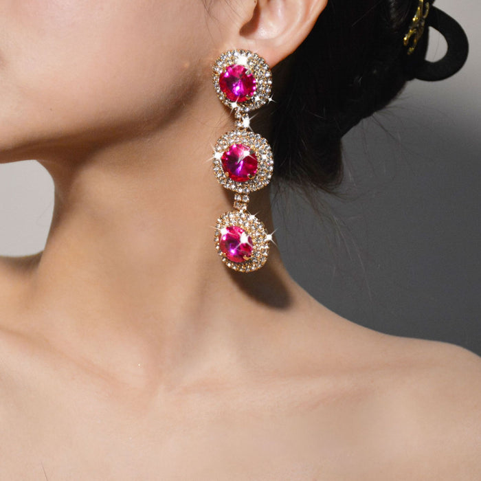 Korean Vintage Red Gemstone Earrings - Elegant and Luxurious Rhinestone Jewelry for Women