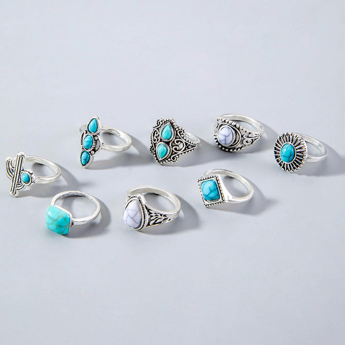 Vintage Turquoise Cactus Ring Set - 8pcs Ethnic Style Open Rings