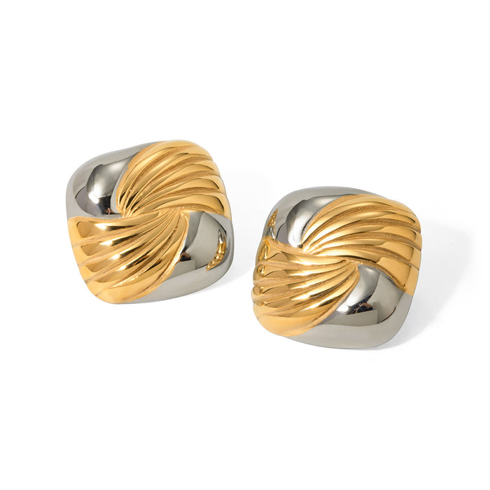 18K Gold Plated Stainless Steel Gold and Silver Square Threaded Earrings - Unique Luxury Design