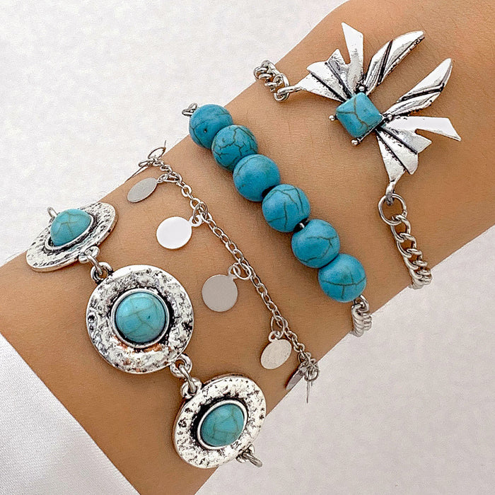 Conjunto de pulseras de cuentas turquesas de Bohemia: joyería con colgante de mariposa llamativo