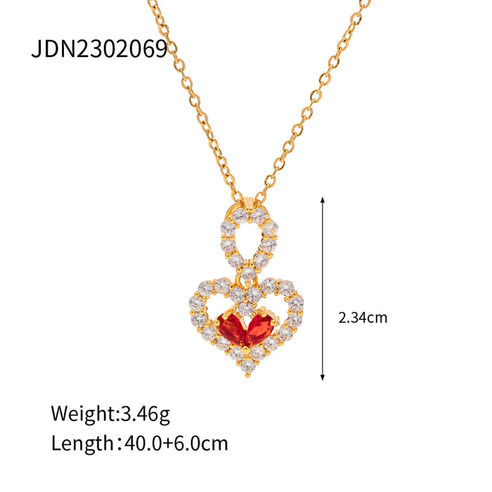 18K Gold-Plated Stainless Steel Necklace - Red and White Zircon Water Drop Pendant for Women